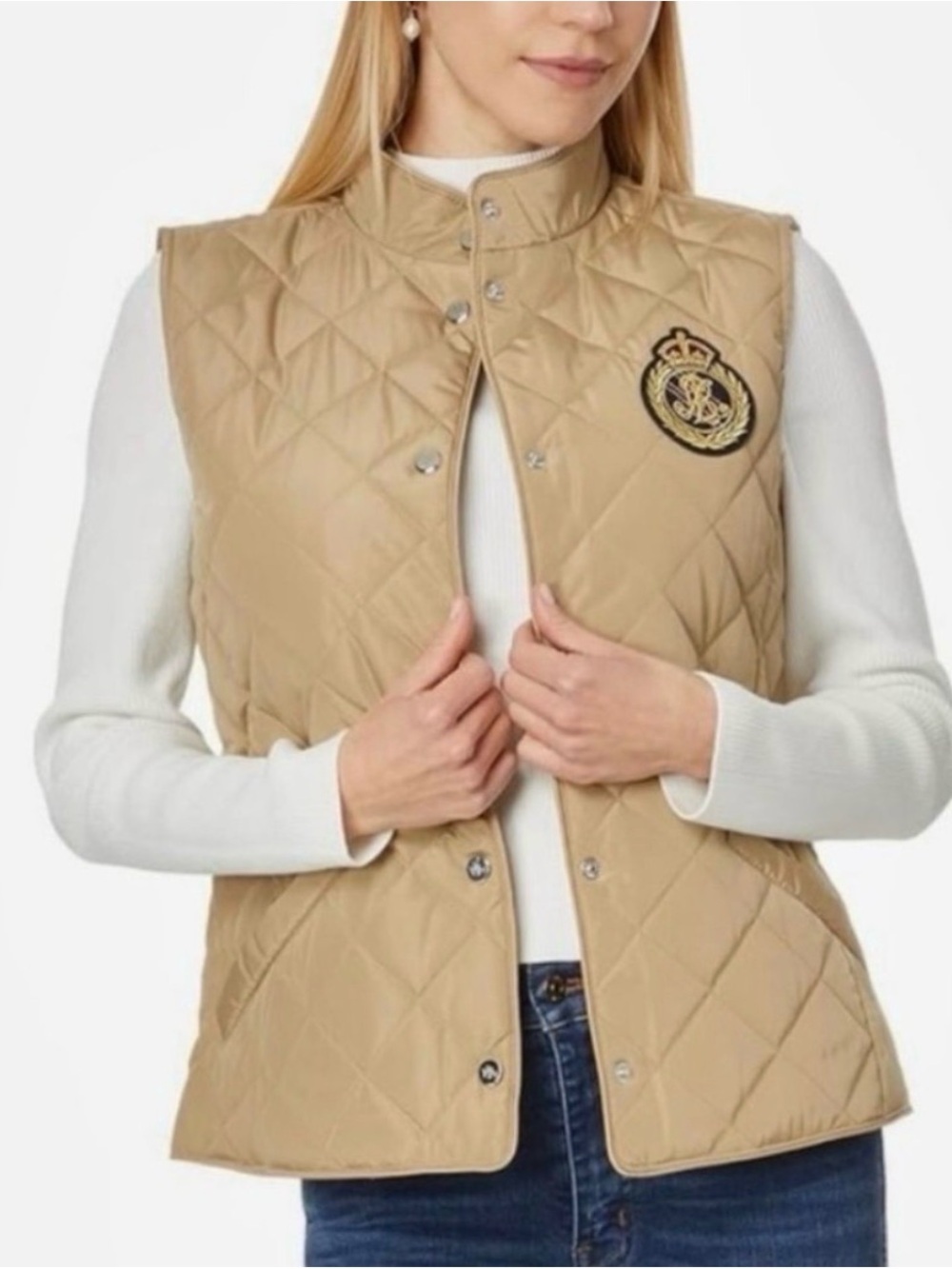 XL New $160 Women's Size RALPH LAUREN Tan Quilted Snap Front Vest W/Pockets